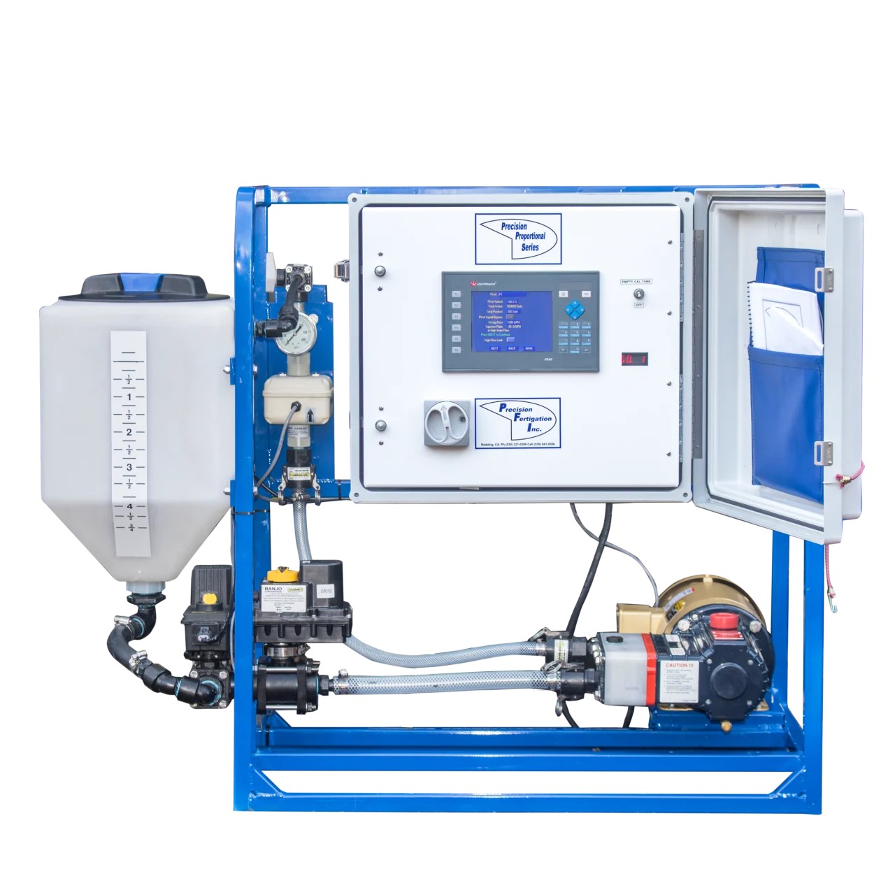 Automated hydroponic system with digital control panel in a modern greenhouse, surrounded by lush green plants.