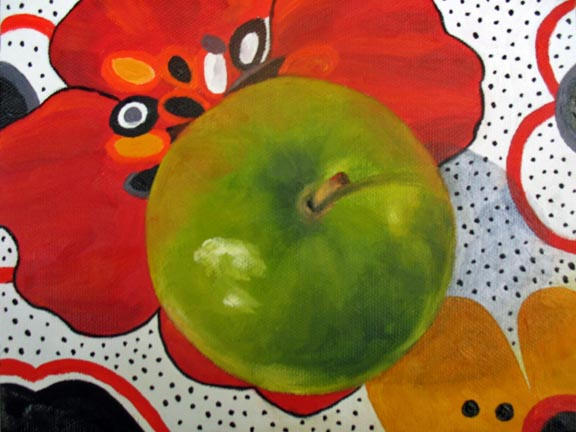 Green Apple On Red - 6"x8" Oil on Stretched Canvas  SOLD