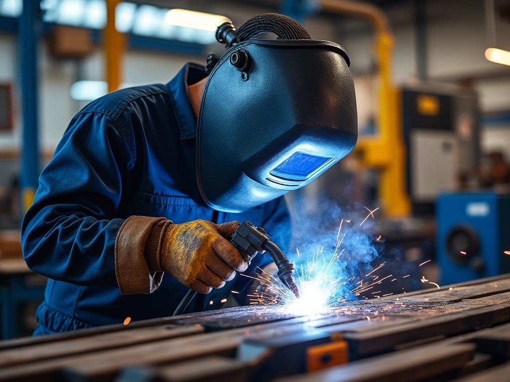 Soldador en acción con casco protector, realizando tareas de soldadura en un taller industrial con chispas y luz intensa. Soldador en acción con casco protector, realizando tareas de soldadura en un taller industrial con chispas y luz intensa.