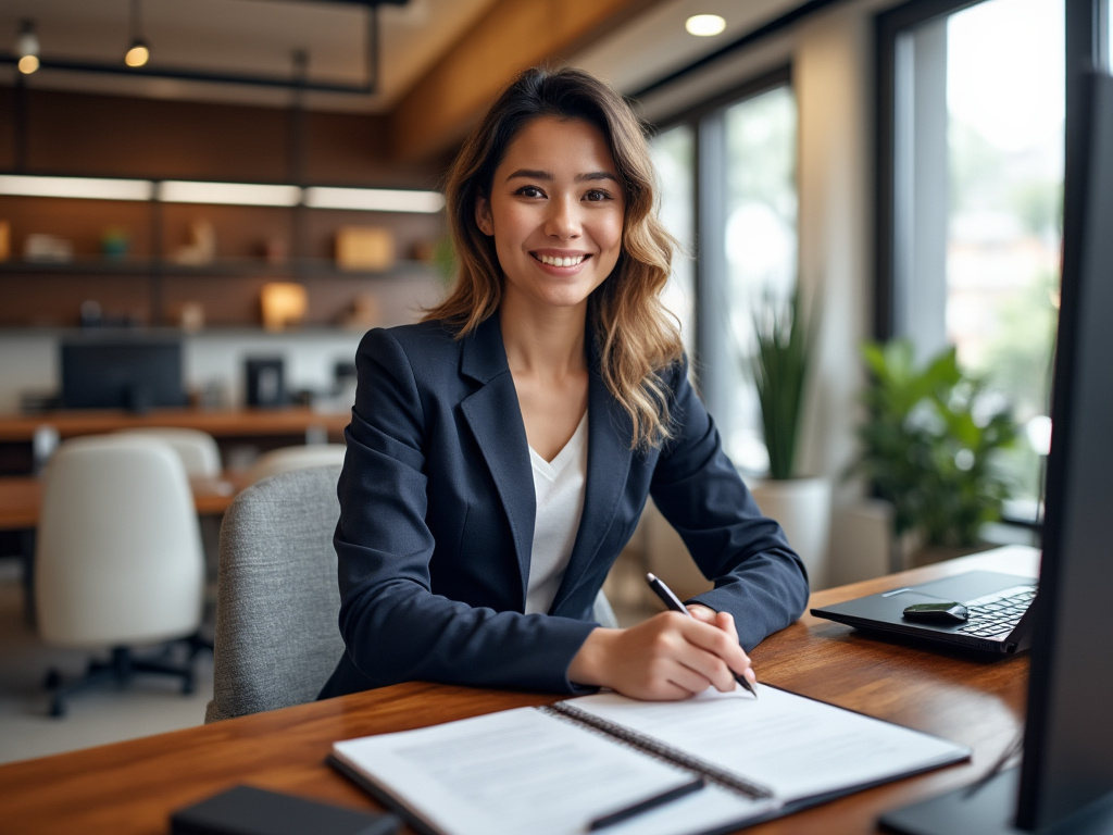Mujer joven en un escritorio de oficina moderna, sonriendo y escribiendo en un cuaderno.