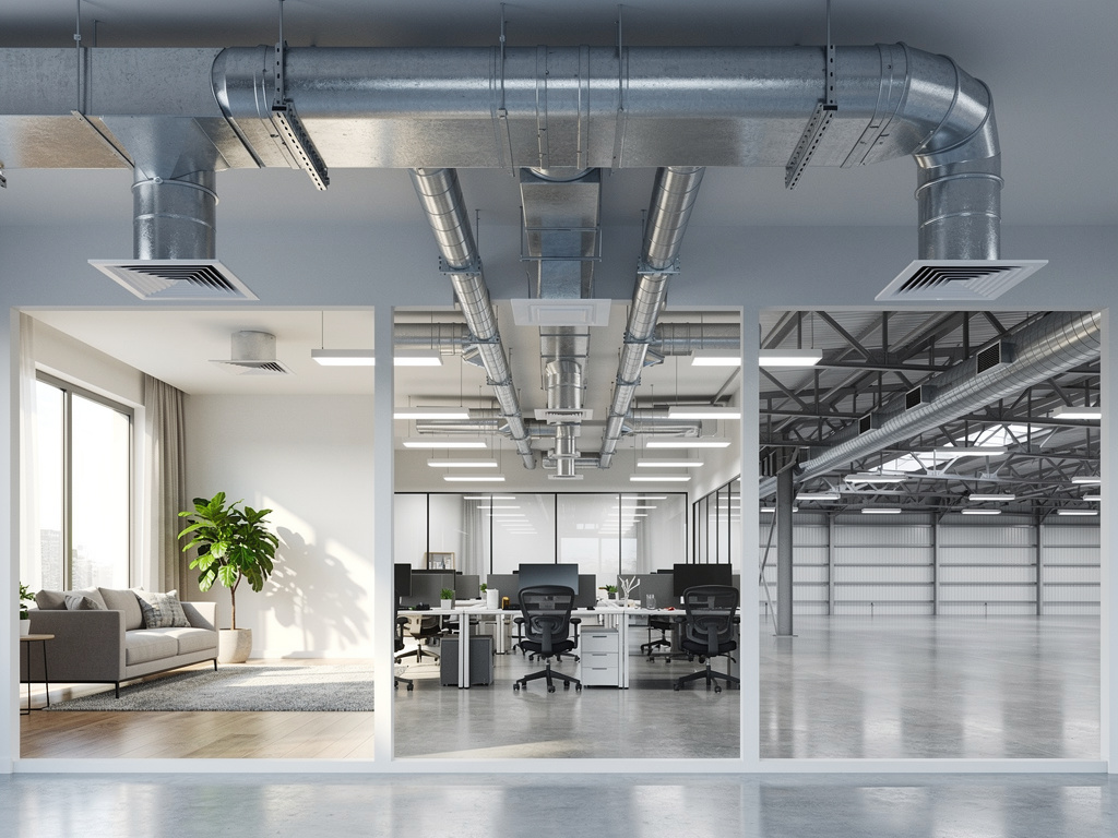Sistema de conductos de ventilación industrial en oficinas modernas, sala de estar y nave industrial