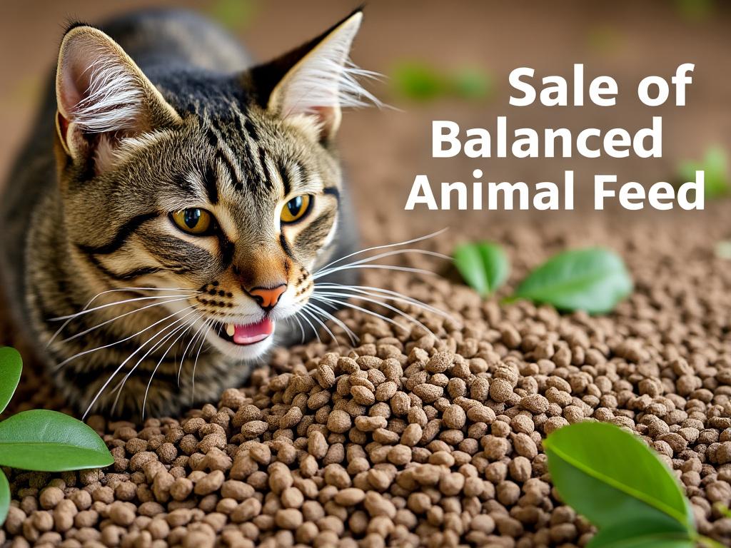 Gato cerca de alimento balanceado para animales con texto promocional sobre la venta de pienso.