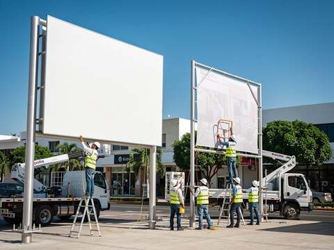 Trabajadores instalando grandes carteles publicitarios exteriores con grúas y escaleras en una calle urbana