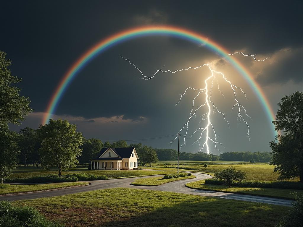 A dramatic rural landscape featuring a rainbow arching over a house and a bright lightning bolt striking during a stormy sky.