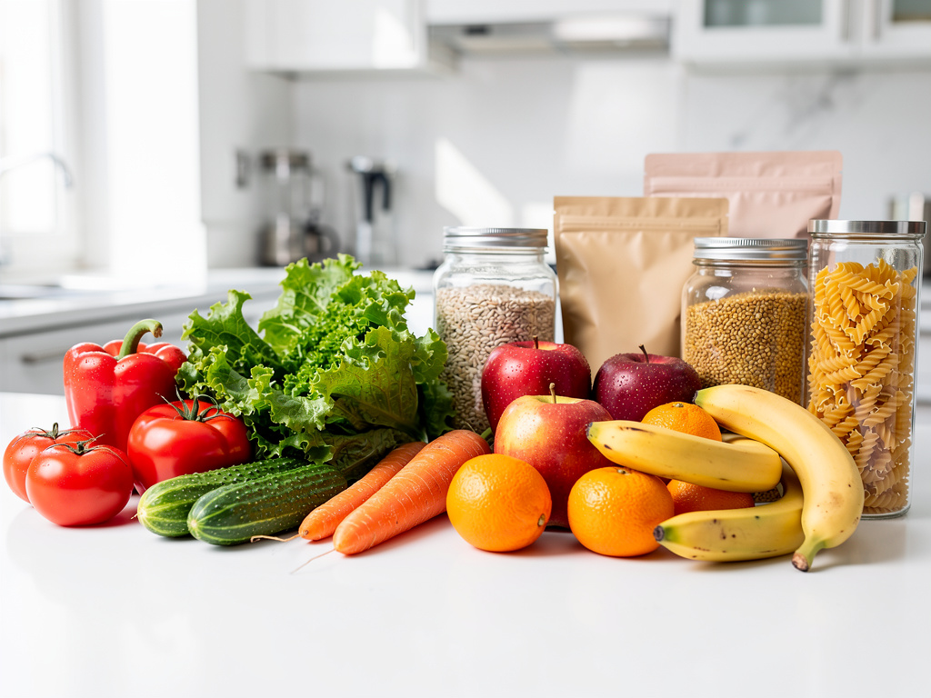 Frutas, verduras frescas y alimentos secos en frascos sobre encimera de cocina moderna