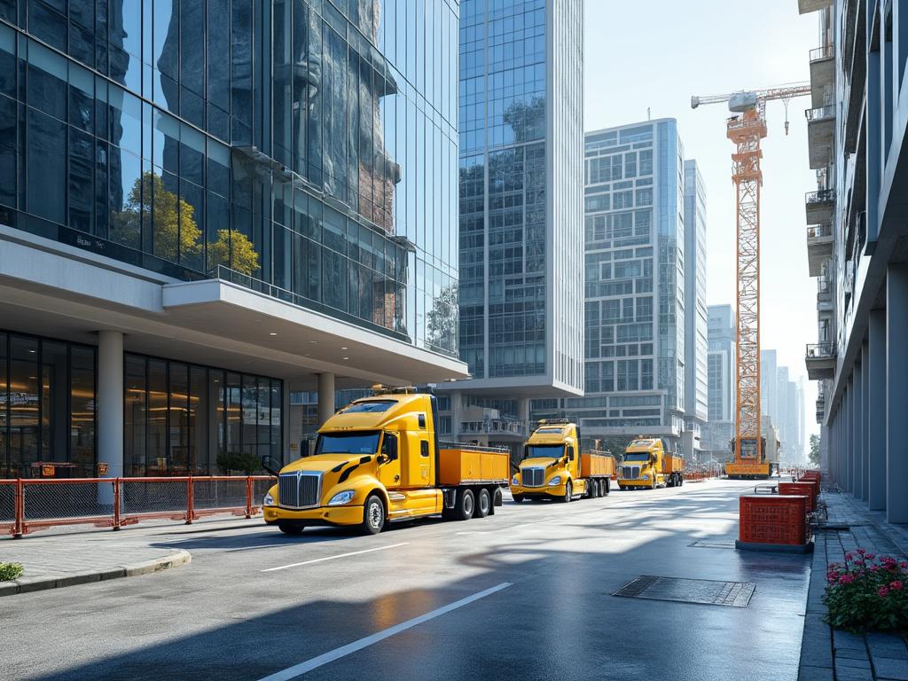 Camiones amarillos conducen por una calle rodeada de edificios modernos y una grúa de construcción en una ciudad.