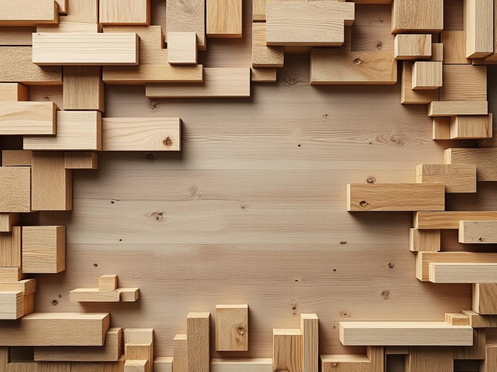 Stacked wooden blocks creating a modern abstract pattern on a wooden surface.