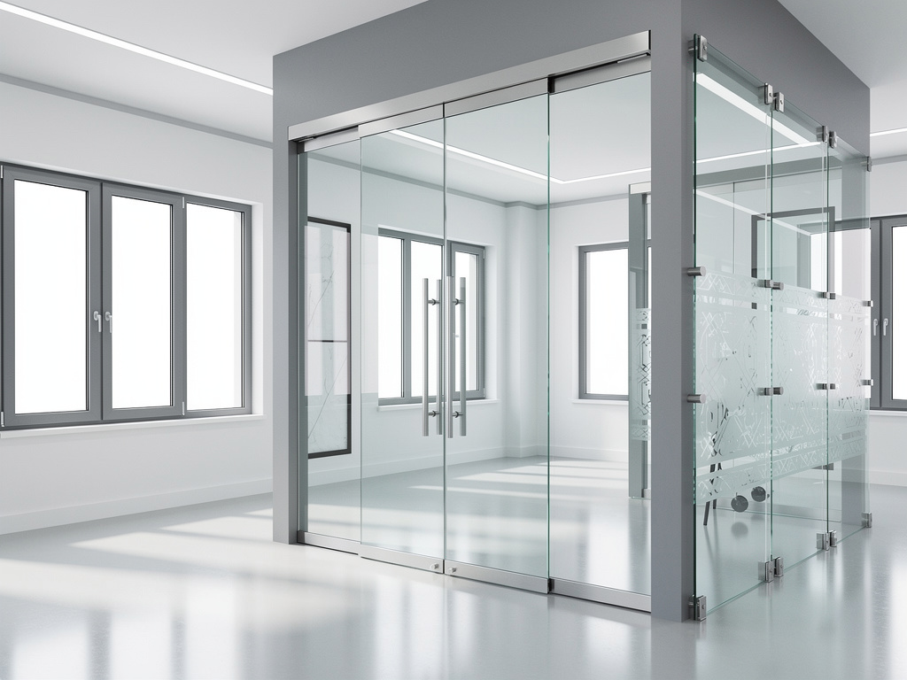 Oficina moderna con mamparas y puertas correderas de vidrio transparente en interior luminoso