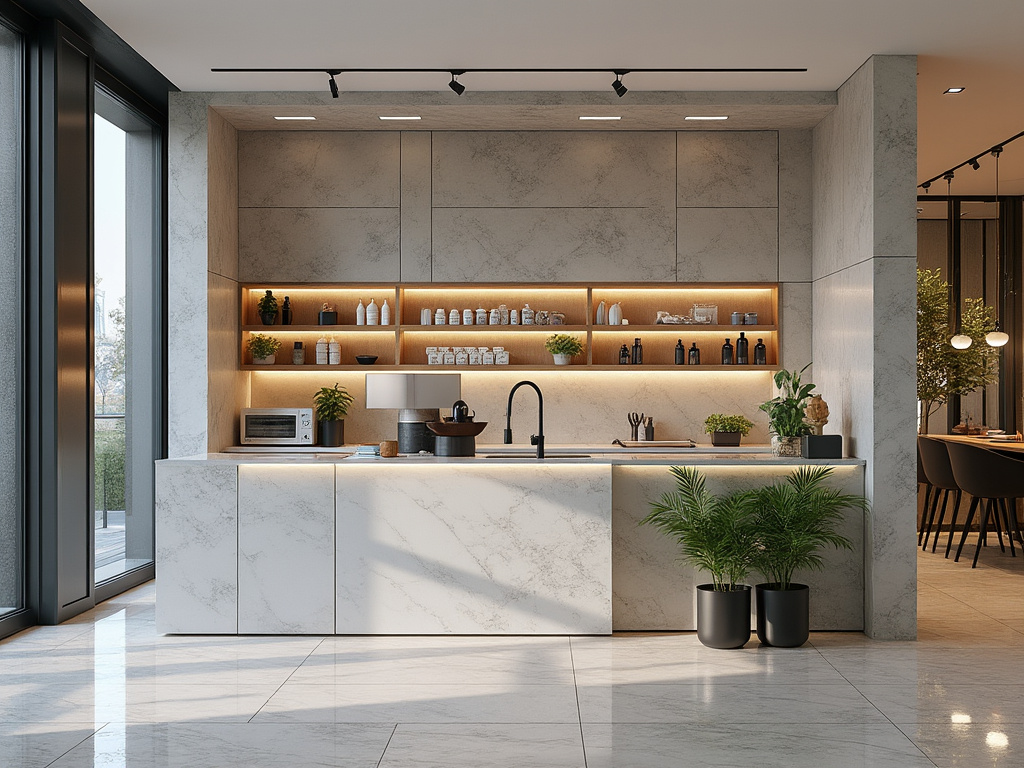 Moderna cocina con encimeras de mármol, estantes iluminados, plantas decorativas y grandes ventanales.