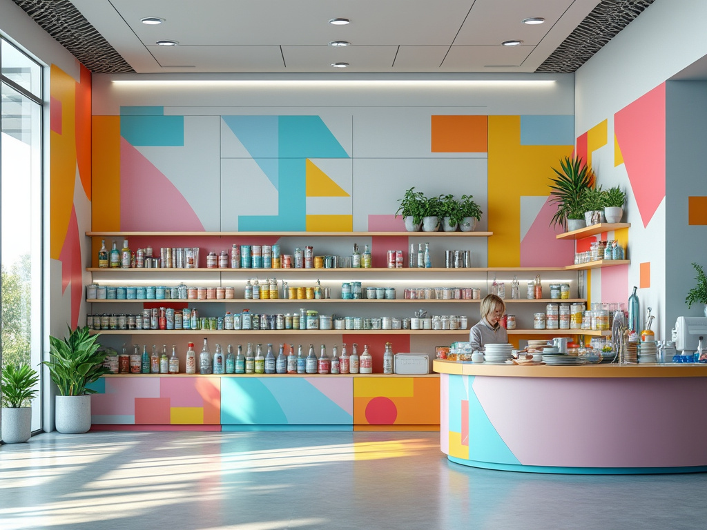 Cafetería moderna con colores vibrantes, estantes llenos de botellas y tarros, y una persona trabajando detrás del mostrador curvo.
