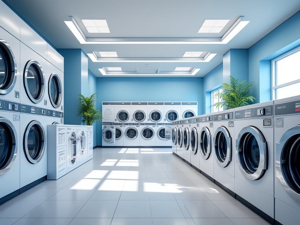Interior de lavandería moderna con lavadoras y secadoras alineadas en un espacio amplio y bien iluminado, paredes azules y plantas decorativas. Interior de lavandería moderna con lavadoras y secadoras alineadas en un espacio amplio y bien iluminado, paredes azules y plantas decorativas.