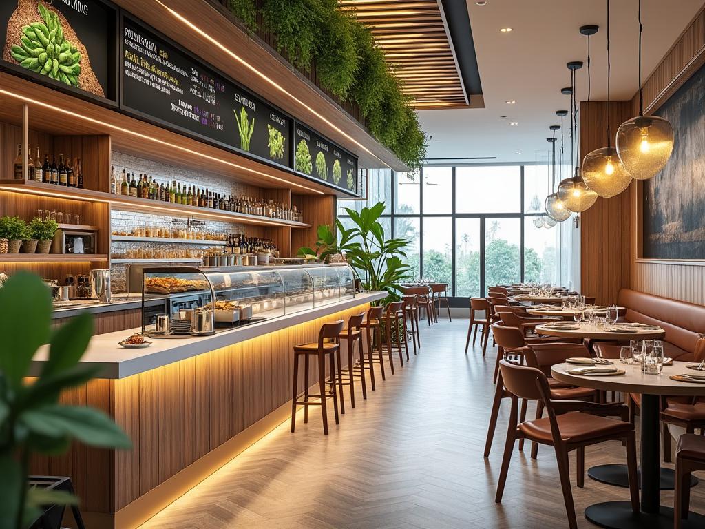 Moderno interior de restaurante con barra iluminada, decoración de plantas y mesas preparadas para comensales.