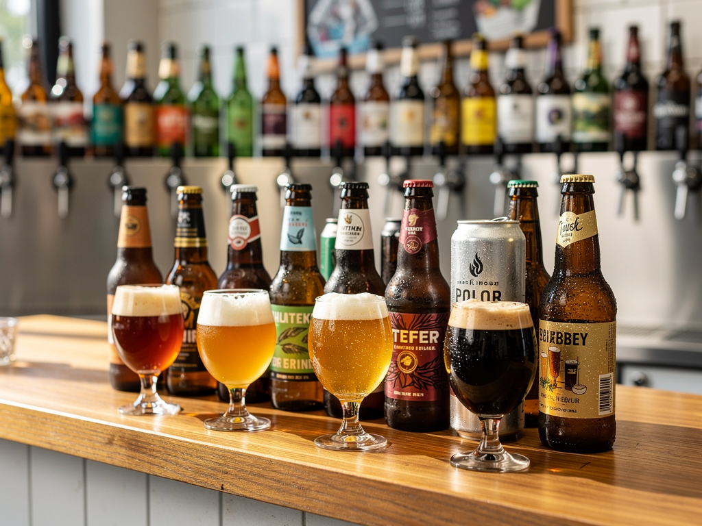 Variedad de cervezas artesanales en botellas, lata y copas servidas sobre una barra de madera en un bar