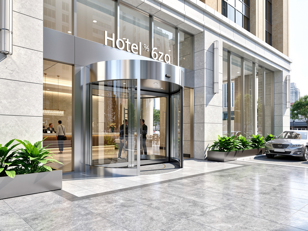 Entrada moderna de Hotel 620 con puerta giratoria, fachada de vidrio, plantas decorativas y coche en la acera