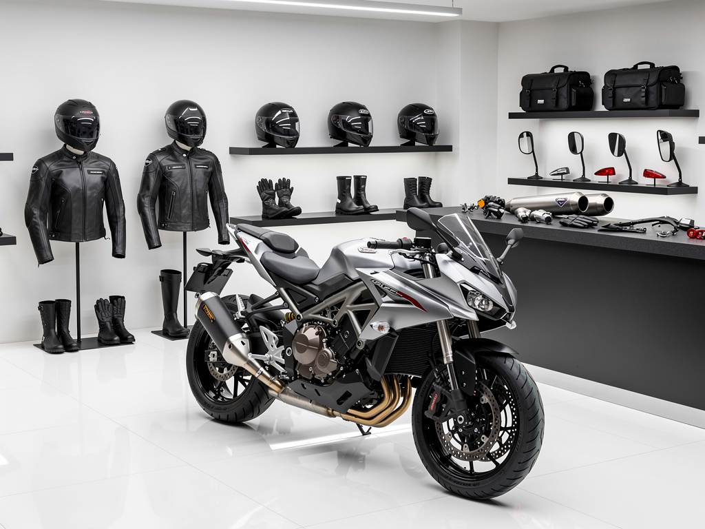 Motocicleta deportiva plateada en tienda de accesorios para moto con cascos, chaquetas, guantes y botas