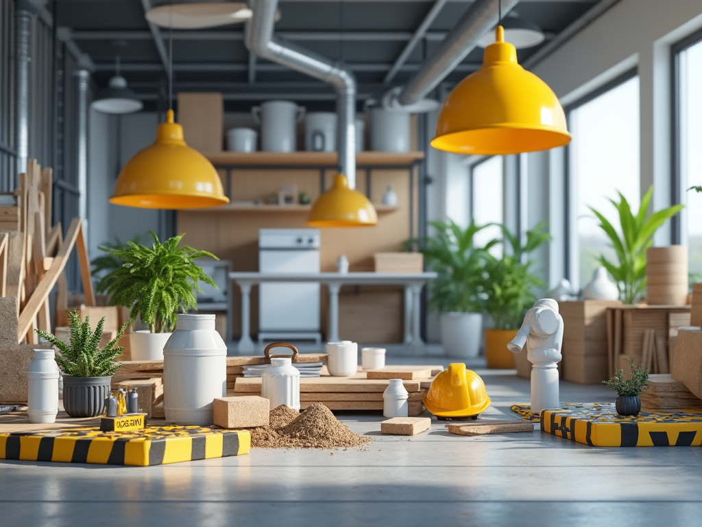 Interior industrial en renovación con lámparas amarillas, plantas, casco de seguridad y materiales de construcción sobre mesa