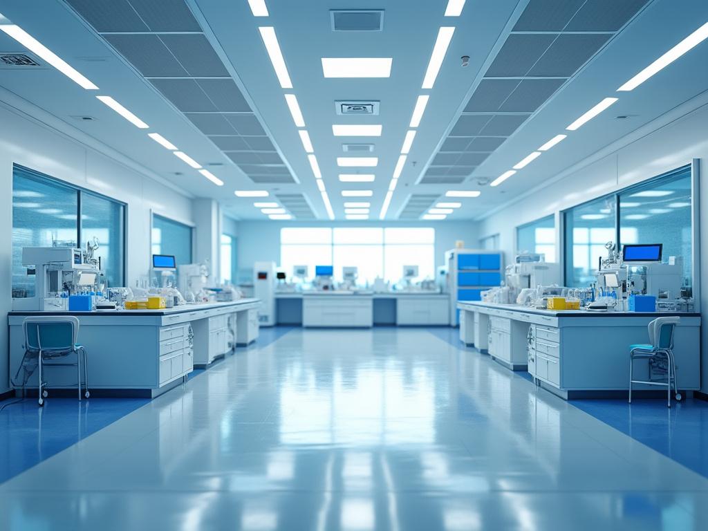 Moderno laboratorio científico con equipos de última tecnología y mesas de trabajo.