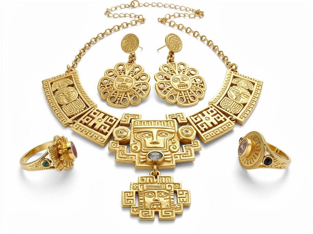 Conjunto de joyería dorada estilo precolombino con collar, pendientes y anillos sobre fondo blanco