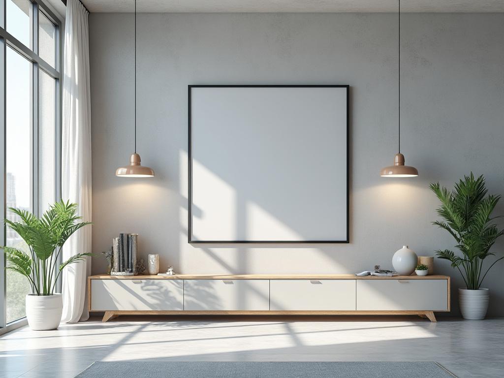 Sala de estar moderna con gran cuadro en la pared, plantas en macetas, lámparas colgantes y mueble bajo con decoración minimalista.