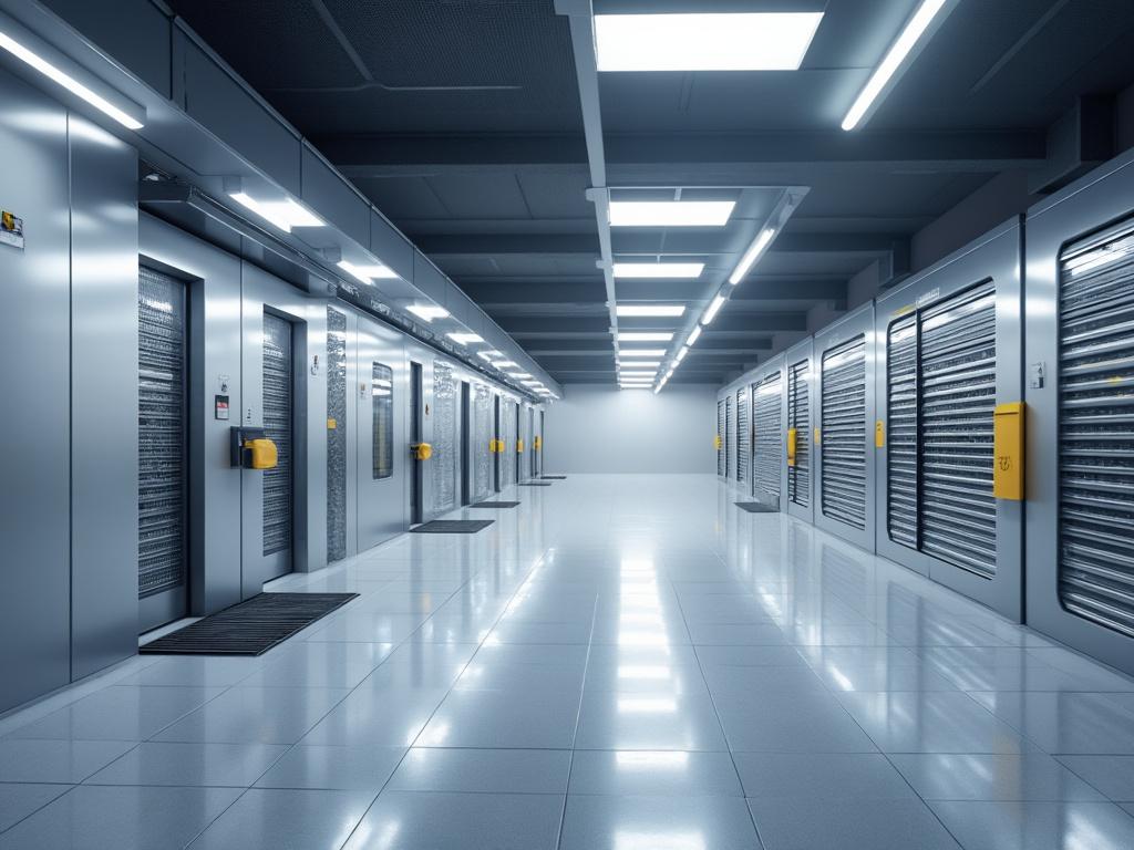 Pasillo moderno de almacenamiento con pisos brillantes y puertas de metal.