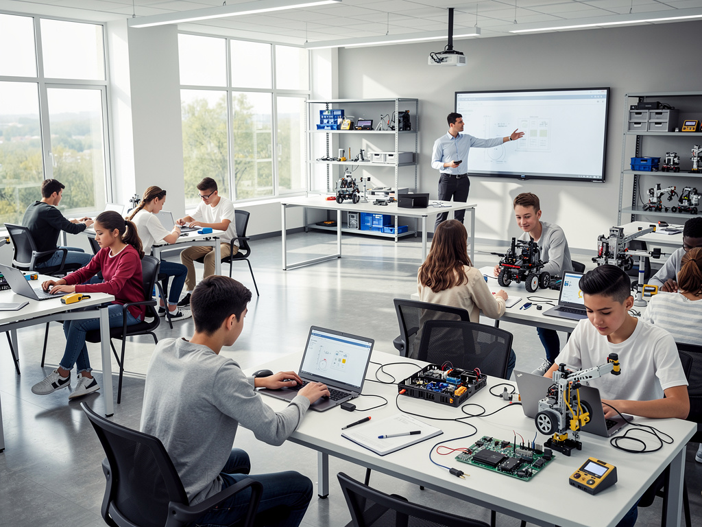 Aula de robótica educativa con estudiantes programando robots y profesor explicando en pizarra digital
