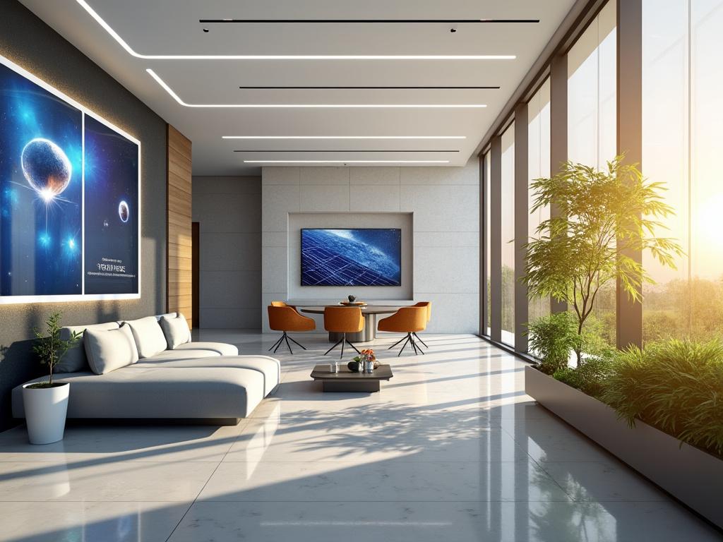 Sala moderna con sofás blancos, cuadros espaciales, sillas naranjas, plantas verdes y gran ventanal con luz solar.