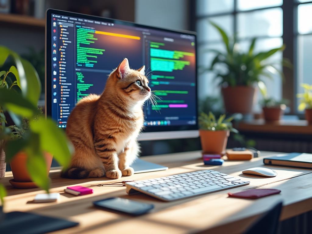 A tabby cat sitting on a desk beside a computer monitor displaying colorful code, surrounded by plants and office supplies, capturing a cozy home office setup. A tabby cat sitting on a desk beside a computer monitor displaying colorful code, surrounded by plants and office supplies, capturing a cozy home office setup.