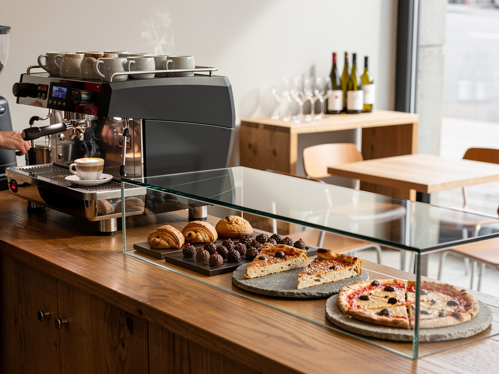 Cafetería moderna con máquina de espresso, café recién hecho y vitrina de pasteles, croissants y tartas