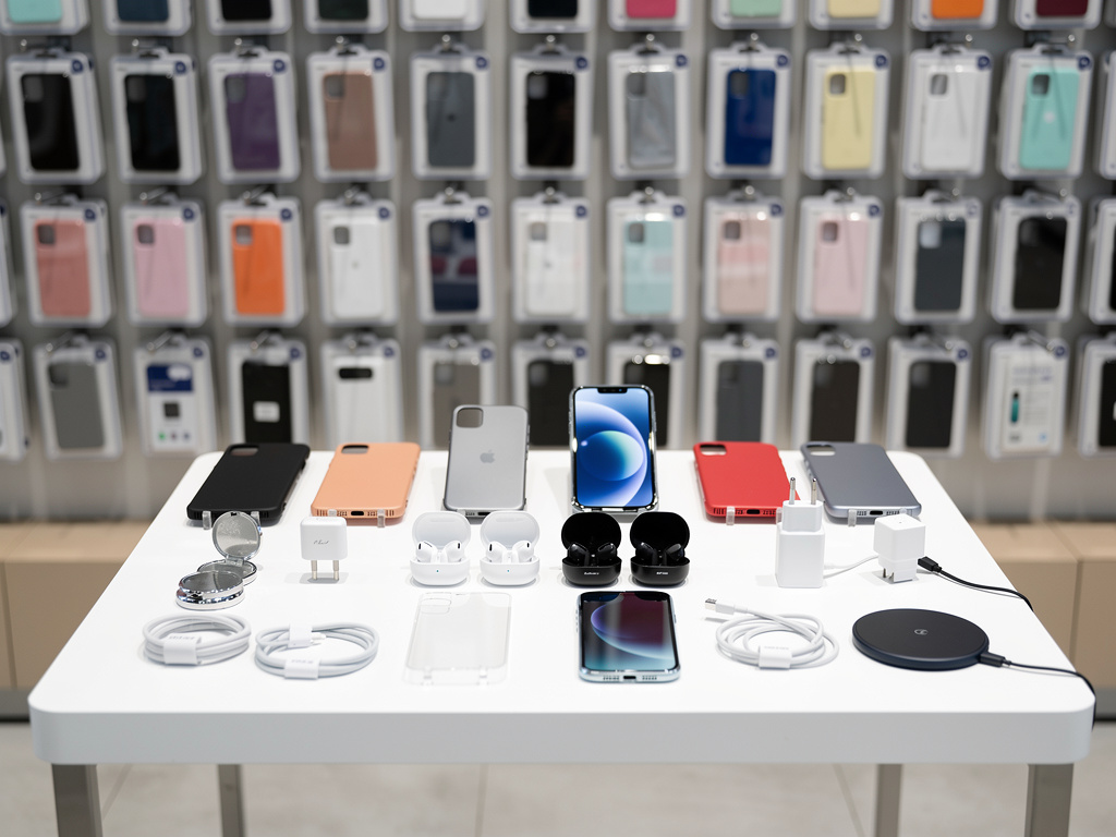 Mesa de tienda con accesorios para iPhone, fundas, cargadores, auriculares y cables, con pared de fundas de móvil al fondo