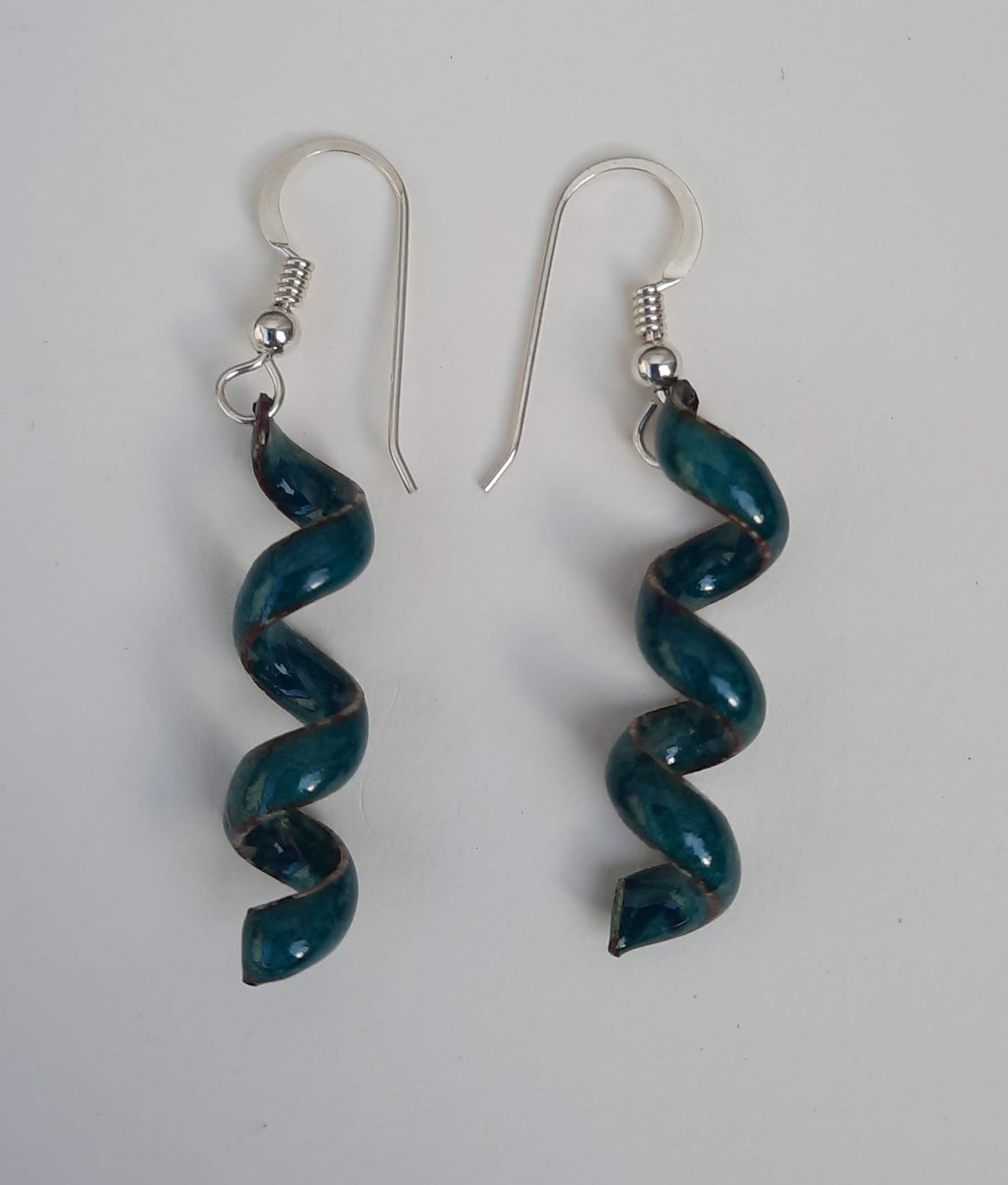 JE001-04 HELIX EARRINGS SEA GREEN Torch Fired Copper Enamel with sterling earwires 43mm