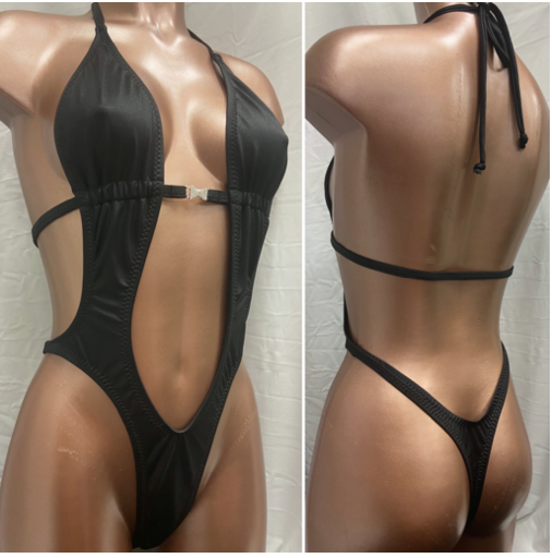 5.
One piece shown in black wetlook with a clasp Thong (Custom order any coverage)
$80