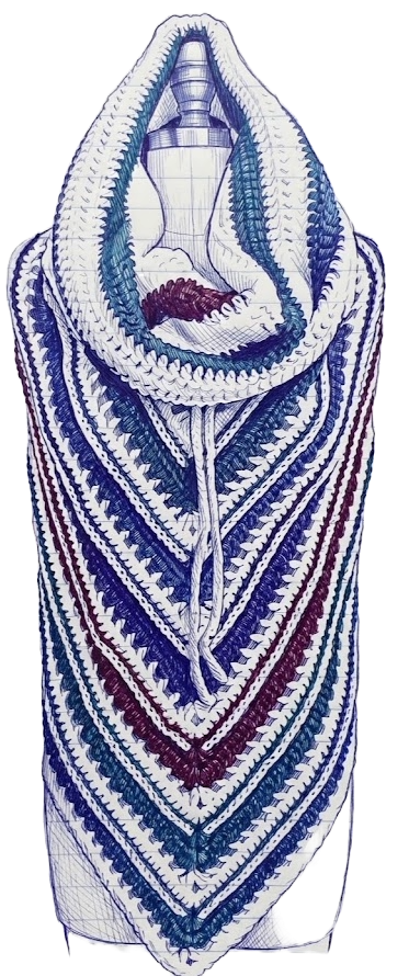 Hand-drawn crochet hooded scarf pattern on mannequin with purple, blue, and cream chevron design