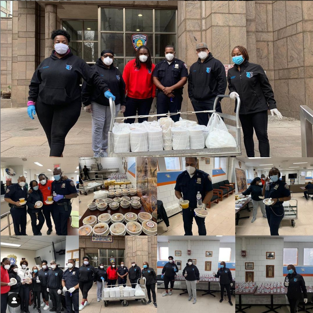 Giving out food to fellow officers