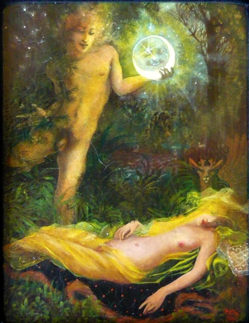 Title: Man with Moon (Oberon & Titania?)
Oil Painting on Canvas
Dimensions 5" x 6.5"  
Signed: Girard 1967
Artist: William Girard
Originally collection of Allen Abramson (aa 228)
This painting exhibits strong parallels to paintings of Jupiter and the Antiope by Watteau and others. Jupiter (the Roman Zeus), was most commonly understood as a sky god. His symbols were often bound lightning bolts.  In Girard's work, the nude male carries a crescent moon in which the visage of the man in the moon (with a twinkling eye) can be recognized. 
Since the deep background of the painting appears to hold a donkey, my guess is that we’re attending Shakespeare’s play, A Midsummer Night’s Dream. Here, in a forest near Athens, Oberon, king of the fairies, observes his sleeping spouse, Titania. Following a marital tiff, Oberon instructed a follower to apply a particular love potion to his sleeping spouse’s eyes. This caused her to fall in love with the first living being she saw upon waking. That being turned out to be a witless laborer undeservedly enchanted so that his head was that of a donkey. Later, Oberon redeems this mischief and releases the enchanted. 
In Girard’s later painting, Titania, it is the fairy queen who carries the crescent moon symbol. In this one, the fact that the crescent moon contains a visage with a twinkling eye, strongly suggests the underlying humor associated with Shakespeare’s famous and popular comedy. Too, as one might expect of a fairy queen, the sleeping lady is lovely. And as befits a queen, she rests upon a richly decorated and perhaps fur-lined cloak.