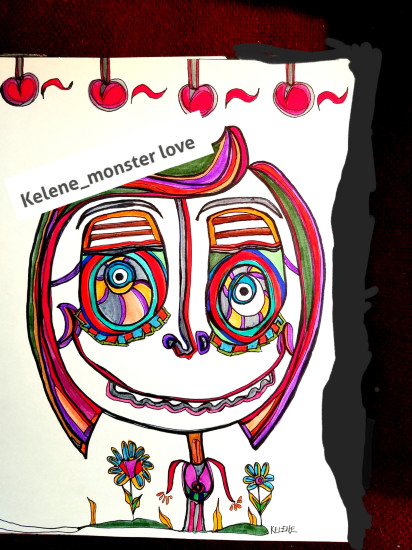 Title: I love cherries.  Pen and pencil on paper framed  11 x 14. Artwork by kelene_monsterlove