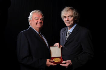 2011 - Dr. Pieter R. Cullis, winner of the Prix Galien Canada 2011 Research Award 
and Dr. Jacques Gagné, Prix Galien Canada Jury President (left)