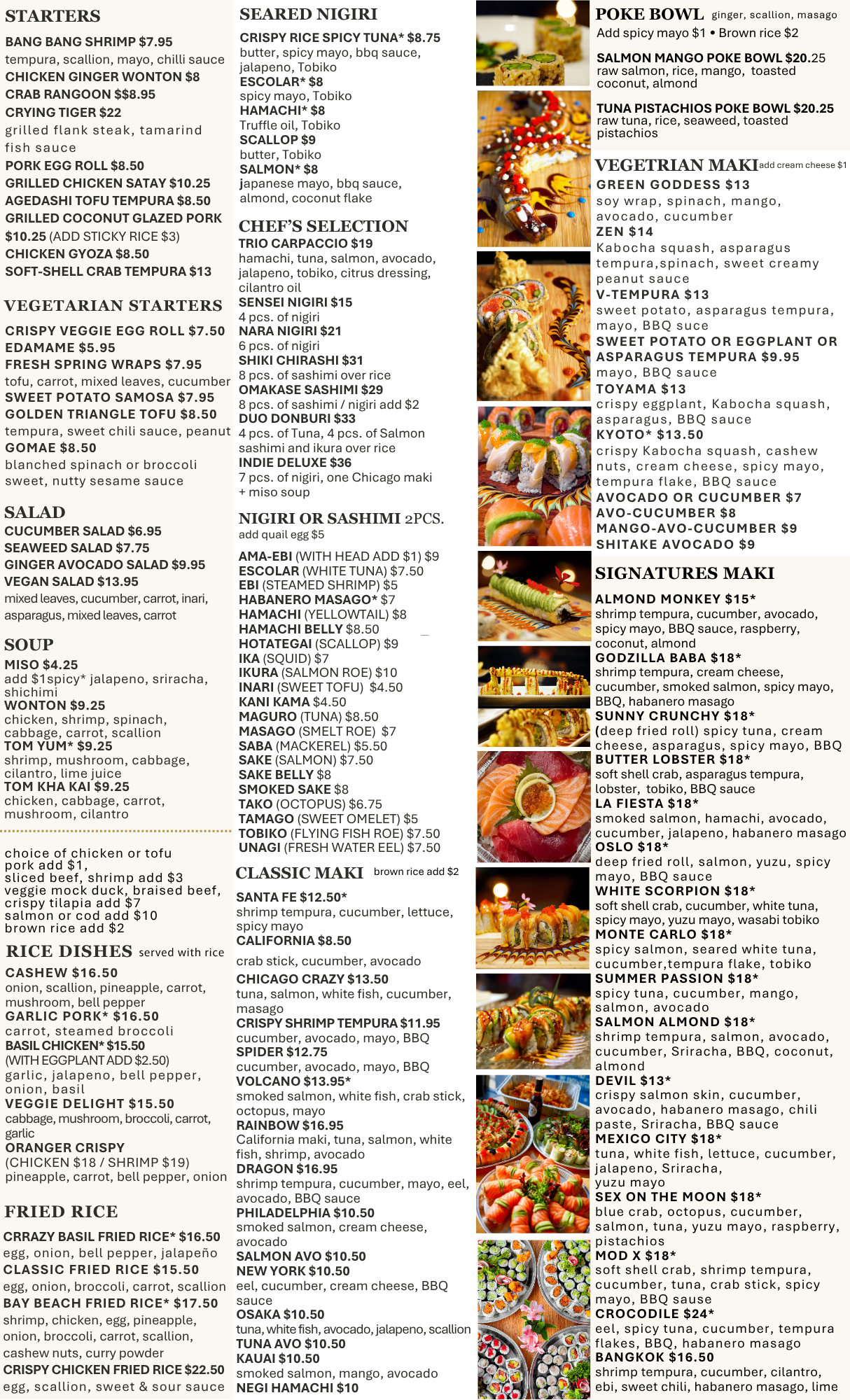 Sushi restaurant menu featuring starters, nigiri, maki rolls, poke bowls, vegetarian dishes, soups, rice dishes, and sushi photos