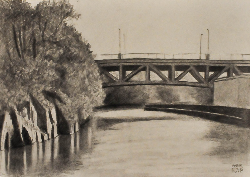 Pencil drawing of the University Ave Bridge, Lowell, Ma, from the Canal Walkway, looking west
