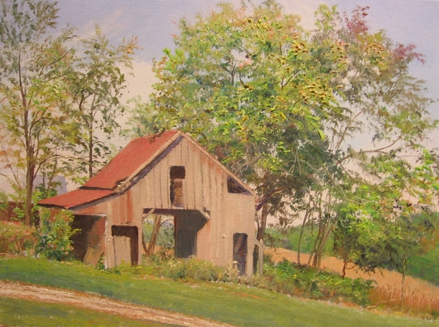 32. Corn Crib, Howard County Pond, 9x12 oil on canvas