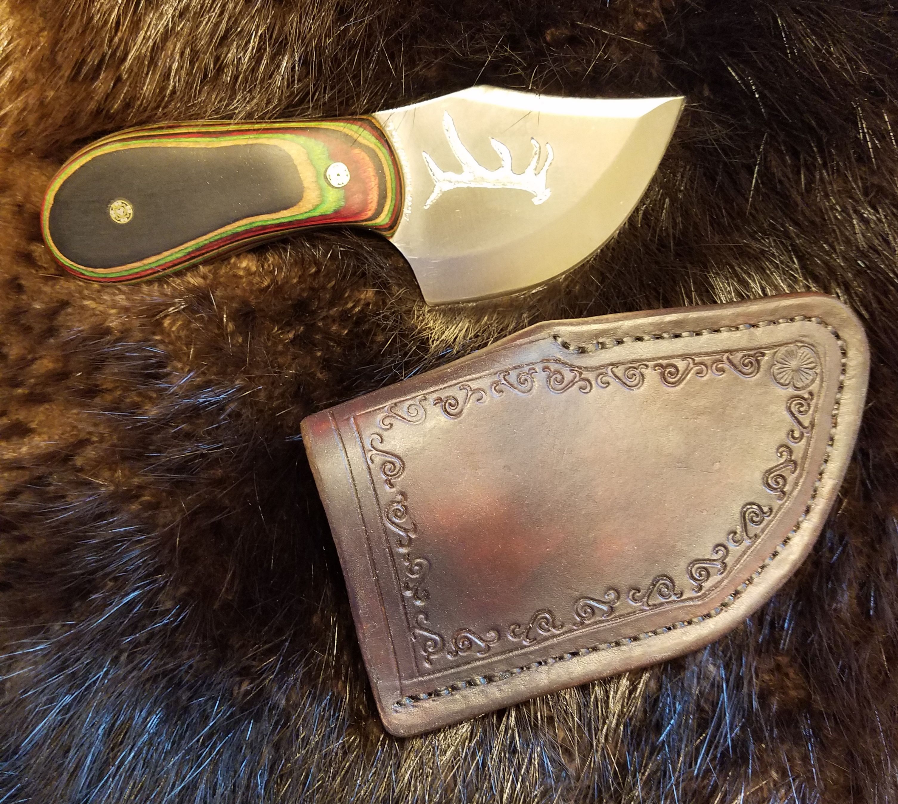 Antler Engraved Skinning Knife with Hand Tooled, Hand Stitched Leather Sheath,   $180.00