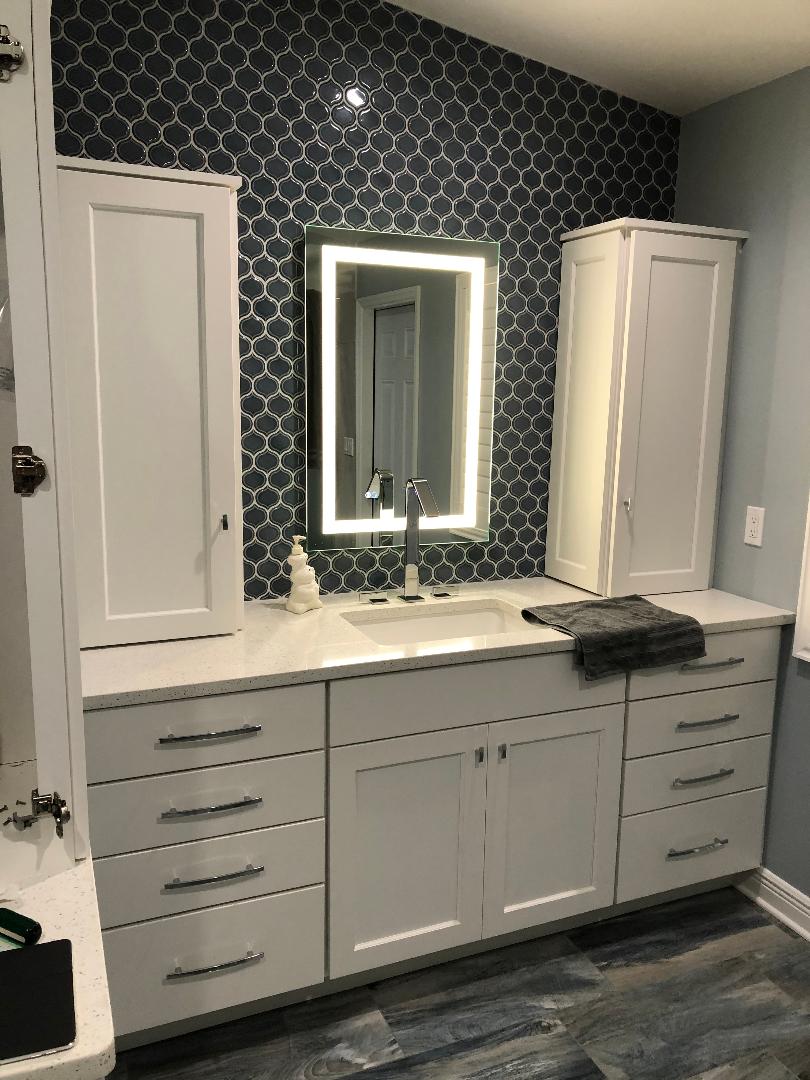 Featuring white cabinetry with front lit mirror and rick blue patterned backsplash.