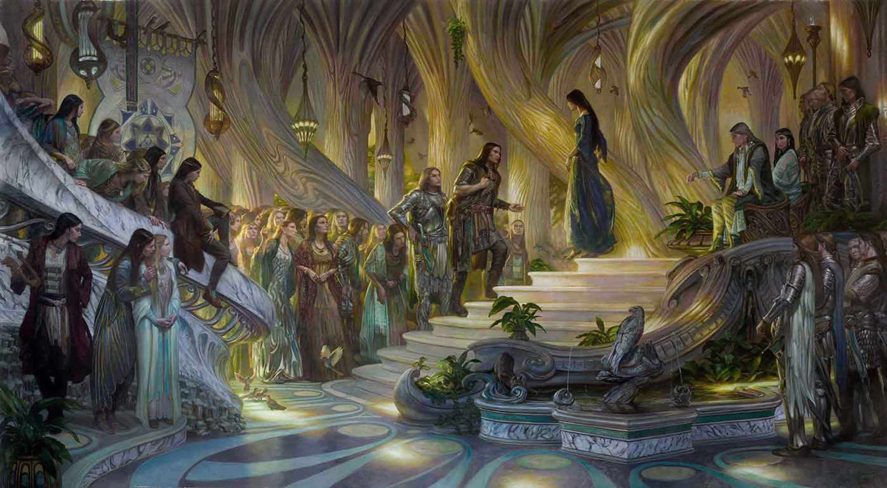 Beren and Luthien in the Court of Thingol and Melian
60" x 110"  Oil on Linen  2015
the declaration of love for Luthien by Beren and Thingol's demand for a Silmaril, from J.R.R. Tolkien's The Silmarillion
private collection