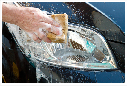 Sponge and soap on a headlight||||