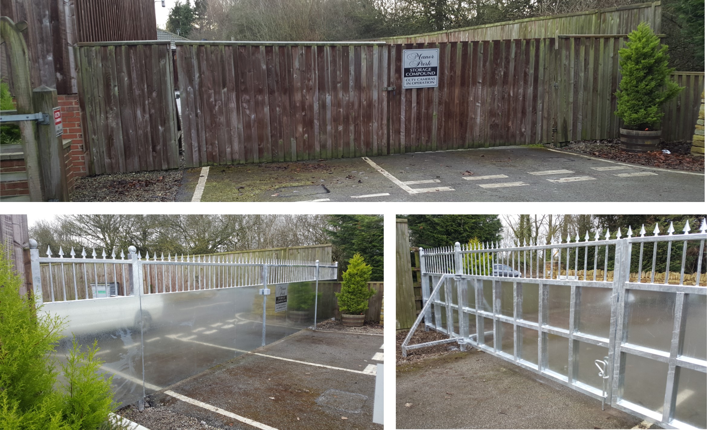 Old wooden entrance gate replaced with galvanised gates & side panels.