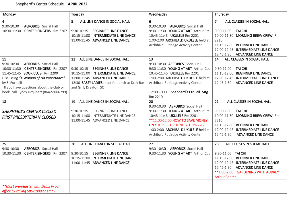 Shepherd's Center of Spartanburg - Calendar