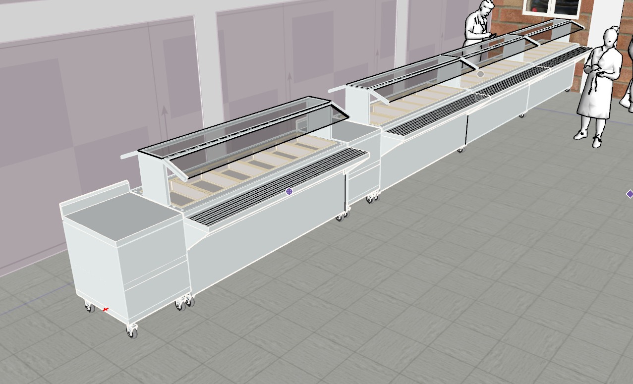 Pasillo de supermercado con refrigeradores llenos de bebidas y alimentos envasados.