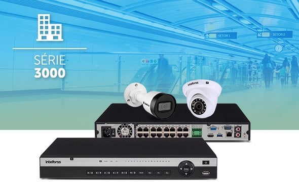 Equipamentos de segurança Intelbras Série 3000, incluindo câmeras de vigilância e gravadores de vídeo, com fundo de estação de metrô.