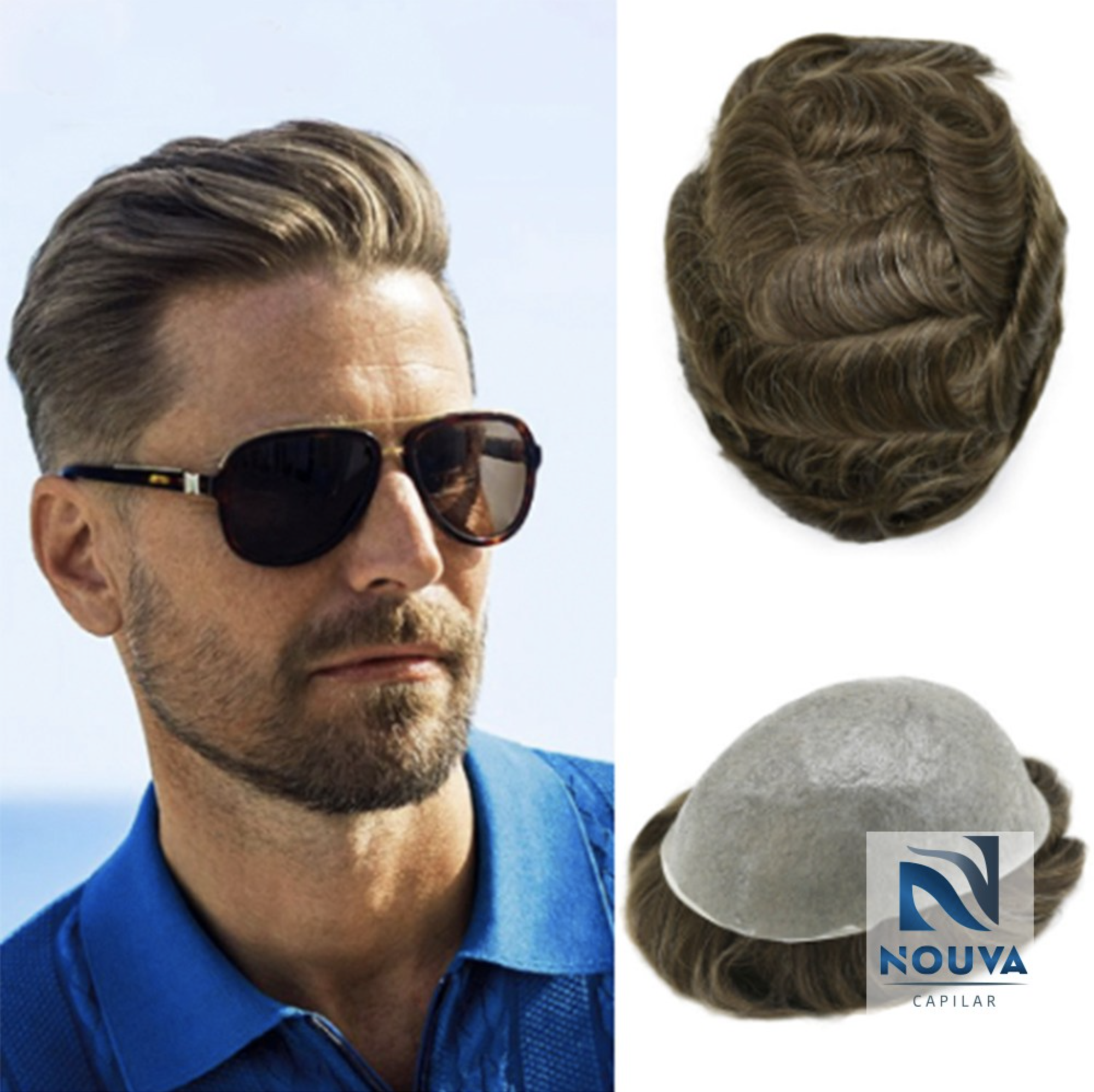Hombre con gafas de sol y polo azul junto a dos postizos capilares de diferente diseño.