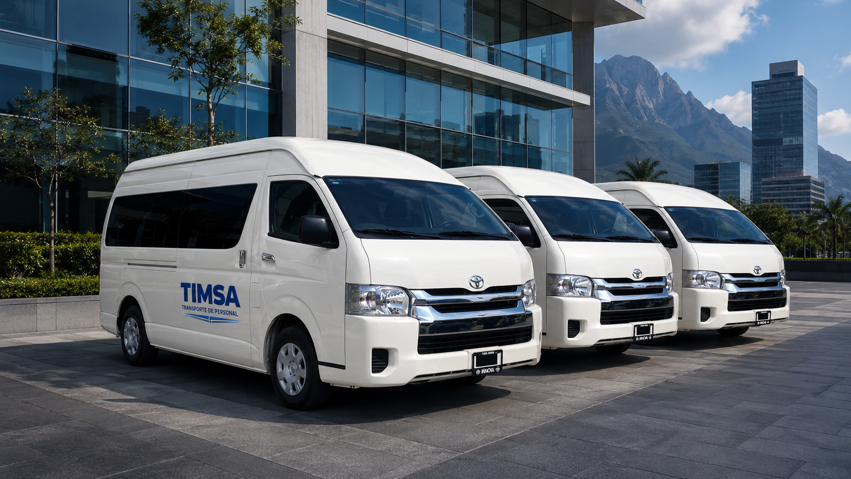 Equipo profesional de transporte corporativo frente a autobús y furgoneta blanca en zona empresarial urbana