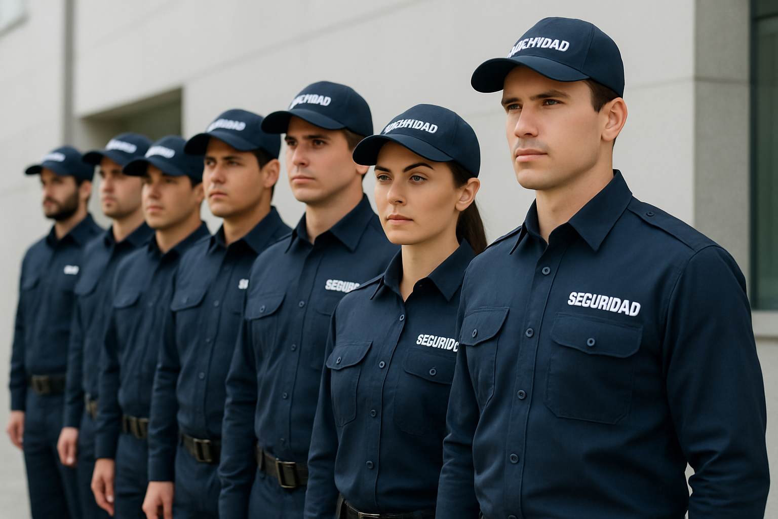 Grupo de guardias de seguridad uniformados en fila, en un entorno urbano interior. Grupo de guardias de seguridad uniformados en fila, en un entorno urbano interior.